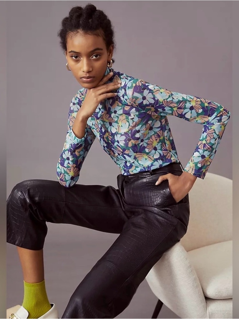 Anthropologie Maeve Floral Mesh Long Sleeve Top in Teal Purple & Yellow - M